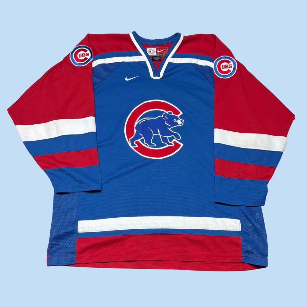 Nike Team Chicago Cubs MLB Hockey Jersey Mens XL Blue Red Walking Bear Logo